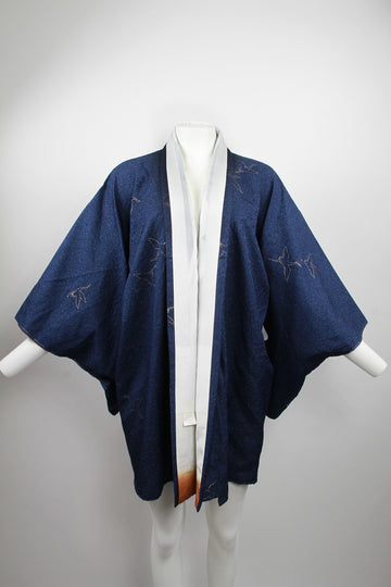 Short Kimono in a blue speckled fabric with gold crane details - M/L