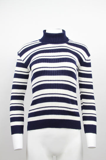 Skinny Rib Knit -Navy White Striped roll neck - M