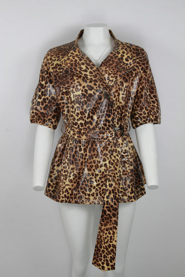 80s Leopard print PVC look short sleeved mac - S
