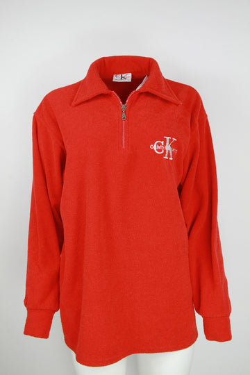 Vintage 90s Women's Red Calvin Klein Fleece with quarter zip - Made in USA – L